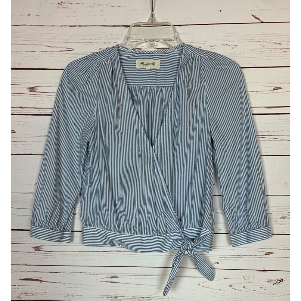 Madewell Women's XXS Extra Extra Small Blue White Striped Wrap 3/4 Sleeves Top
